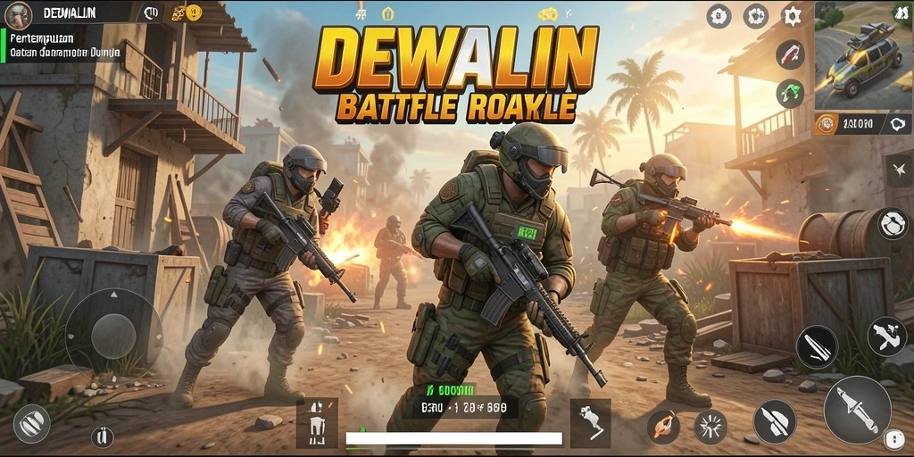 Screenshot utama DEWALIN menampilkan aksi pertempuran seru di arena Battle Royale.