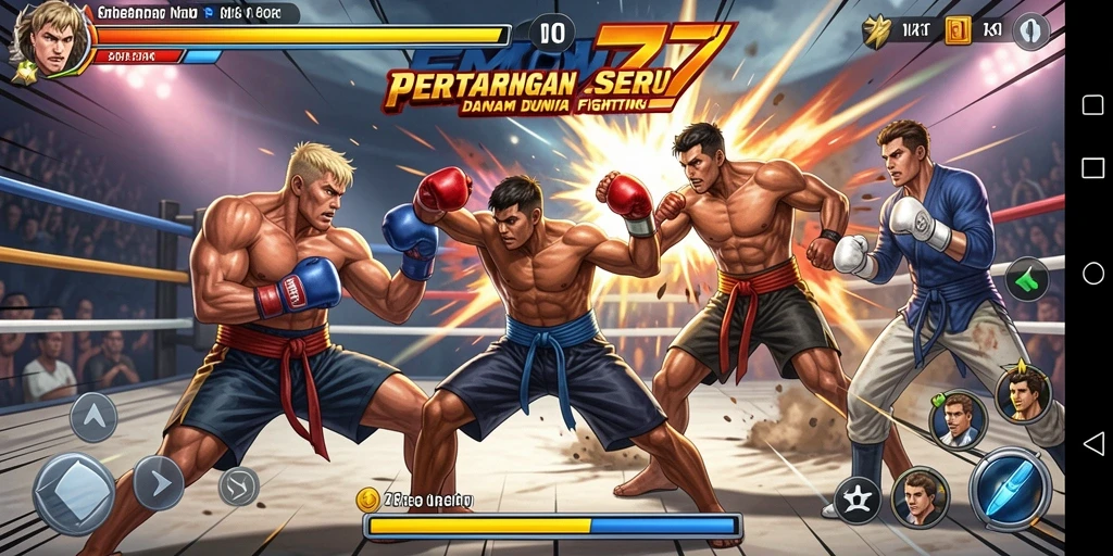 Tampilan seru dari gameplay EMON77 dalam pertarungan Fighting.