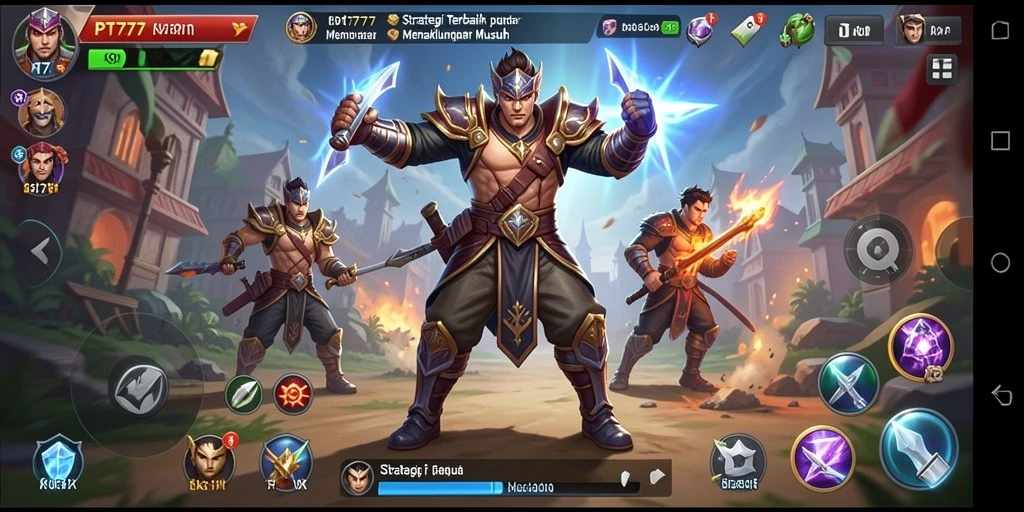 Tangkapan layar utama PT777 menampilkan pertempuran strategi yang intens.