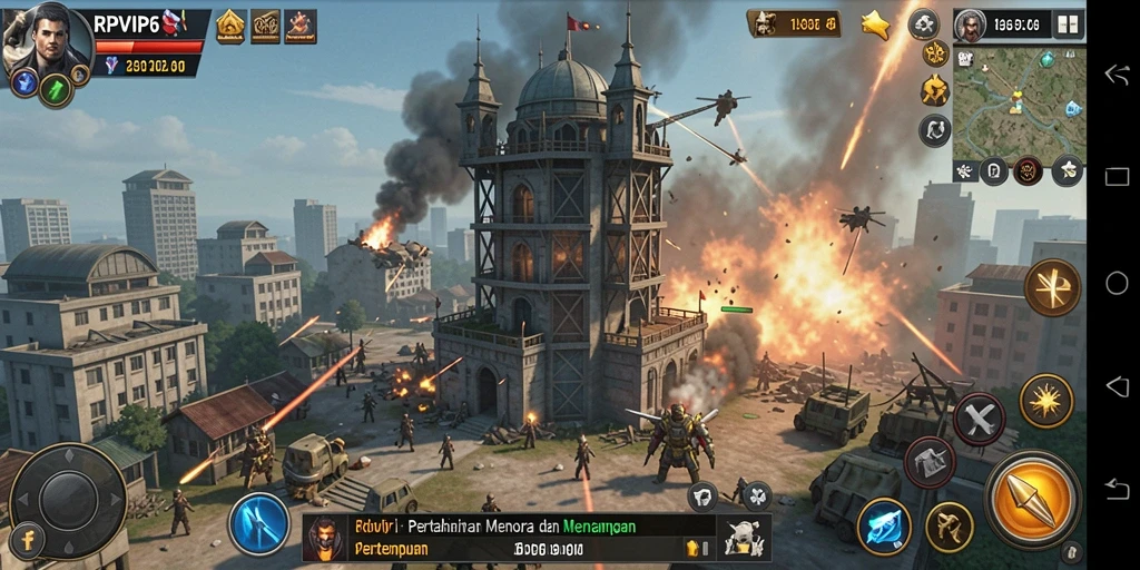Screenshot gameplay RPVIP6 menampilkan aksi pertempuran menara yang mendebarkan.